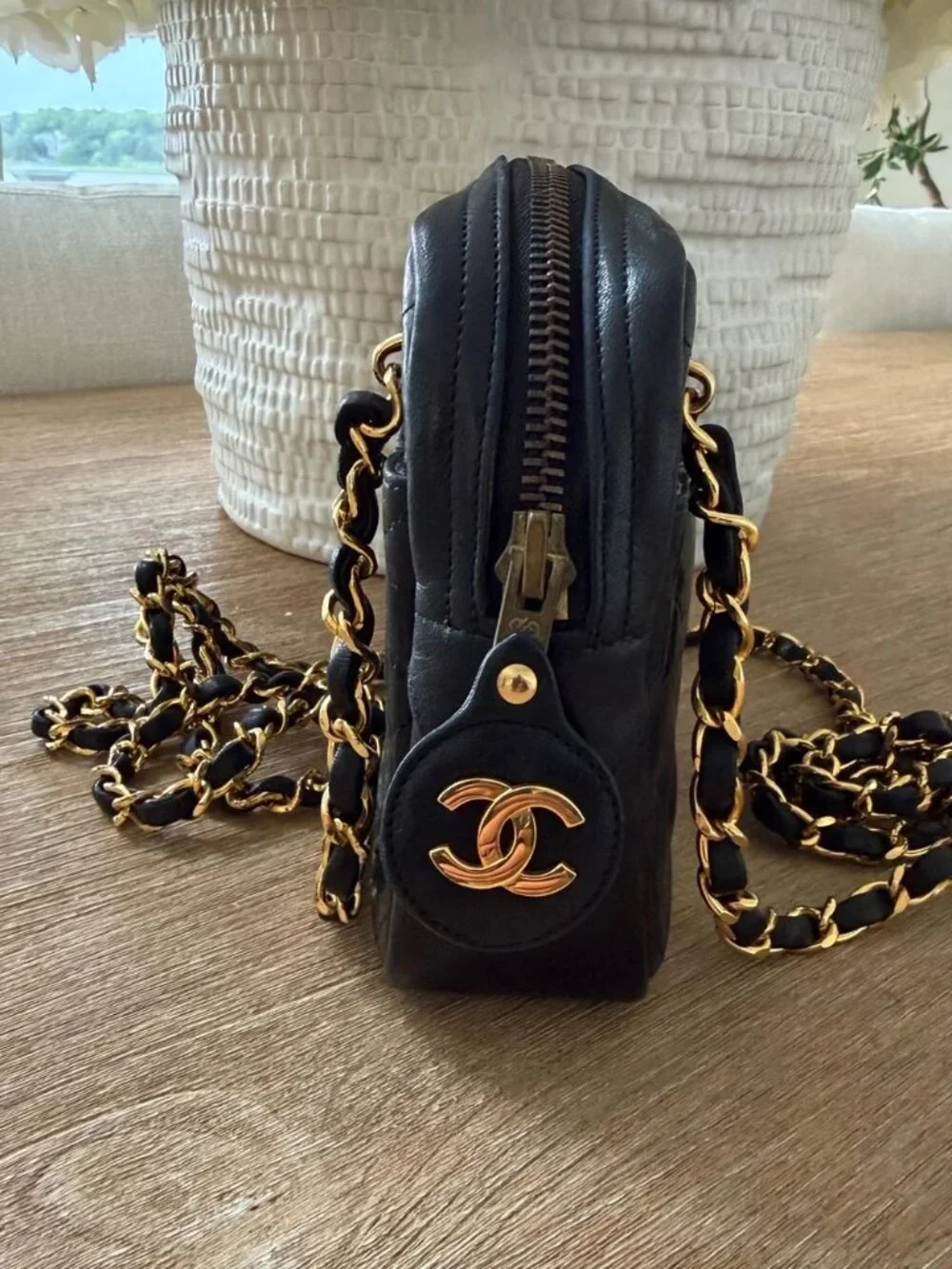 CHANEL Black Quilted Lambskin Crossbody with Gold Chain